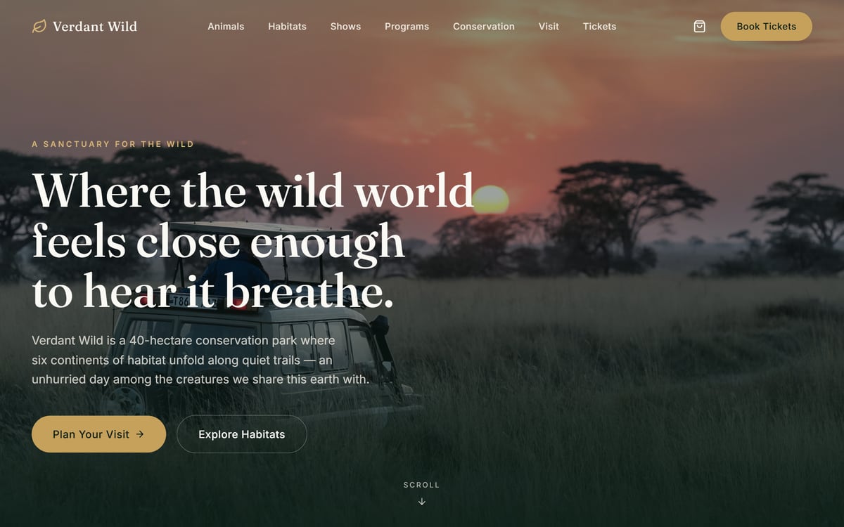 Verdant Wild vadaspark — weboldal előnézet
